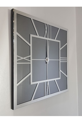 Ayna Denizi Silver Quare Smoked Model Gümüş Füme Renk 60 CM x 60 CM Dekoratif Aynalı Duvar Saati Gümüş