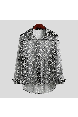 İncerun Erkek Club Party Perspektif Gömlek Yaz Uzun Kollu Fileli Transparan Gömlek Siyah