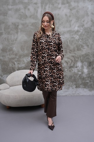 Polologin Butik Leopar Desenli Kahverengi Gömlek Tunik Siyah & Kahverengi