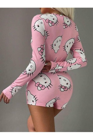 Avastyle Pamuklu Pembe Hello Kitty Desenli Düğmeli Uzun Kol Tulum Pijama Pembe