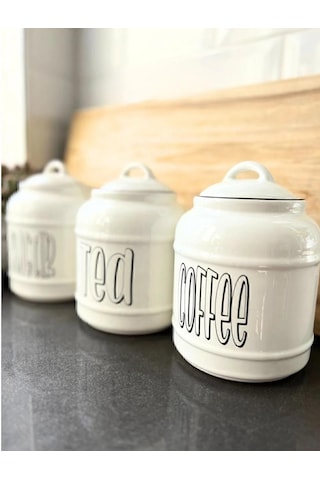3lü Seramik Sugar Tea Coffee Kavanoz Seti Kapaklı Tezgah Üstü Saklama Kavanozu 1400 Ml Beyaz
