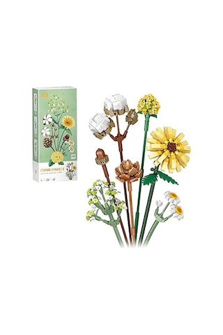 Fun4kid Mini Bloklar Çiçek Buketi Yapı Setleri, Yapay Çiçekler, Yapı Taşları, Dekorasyon, Ev, 646 Adet, Yetişkinler İçin Botanik Koleksiyonu Pamuk/çam Kozalakları/gerbera/craspedia 20beyazcipso