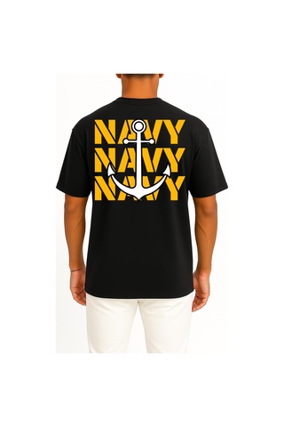 Bahriyeli Collection Oversize Trio Navy Anchor Göğüs Ve Sırt Baskılı Unisex T-shirt Siyah
