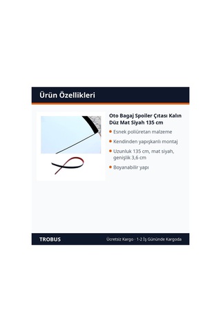 Trobus Oto Bagaj Spoiler Çıtası Kalın Düz Mat Siyah 135 Cm