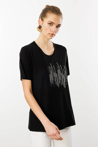 Desen Triko Sıfır Yaka Taş Baskılı Penye Kadın T-shirt 25769 Siyah
