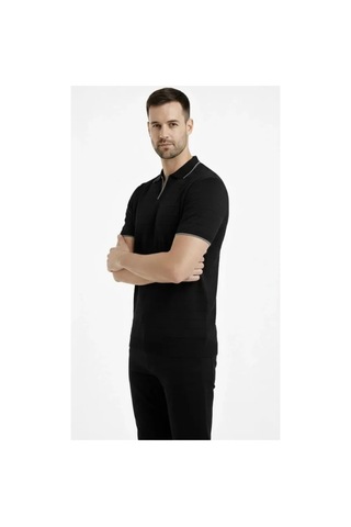 Butik İstanbul Erkek Triko Kumaş Yakalı Düğmesiz Açık Yaka Fitilli Kısa Kollu Regular Fit Tişört T-shirt - Siyah