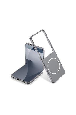 Samsung Galaxy Uyumlu Z Flip 7 Kılıf Wireless Şarj Özellikli Zore Kıpta M-safe Kapak Gri