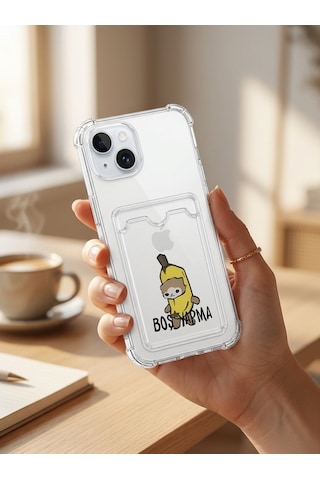 Hepsi Apple İphone Uyumlu 15 Boş Yapma Muz Detaylı Kart Bölmeli Şeffaf Telefon Kılıfı Najmaddin Çok Renkli