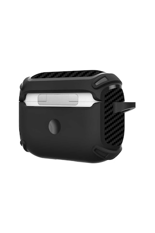 Maks Technology Apple Airpods Uyumlu Pro 2 Kılıf Köşe Karbon Fiber Detaylı Askı Aparatlı Airbag Darbe Emici Maks Koruyucu Kapak Siyah