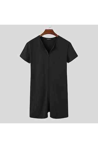 İncerun Yaz Erkek Ev Giyim Tulum Kısa Kollu Fermuarlı Pijama Pijama Siyah