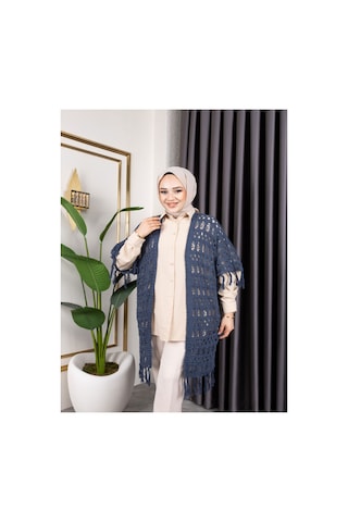 Hira Life Fashion Kadın Mevsimlik Saçaklı Ve Ajurlu Pamuk Triko Hırka Mavi Mavi