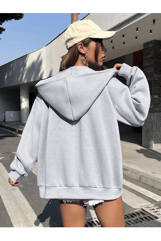 Hope Fermuarlı Hırka Sweatshirt - Gri Baskılı Oversize Kışlık Kalın Kapüşonlu Gri