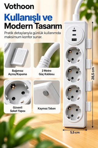 4 Lü Akıllı Priz Tek Dokunuşla Fiş Çıkarma 2 Metre Kablo 2 Type-c + Usb 15w Hızlı Şarj 3680w Krem