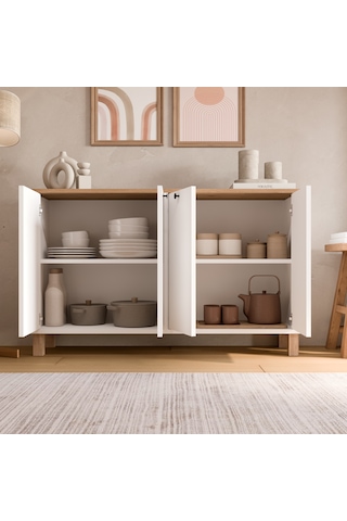 Robin Home Alaska Konsol 4 Kapaklı Ahşap Ayaklı 120cm Sepet-beyaz Beyaz