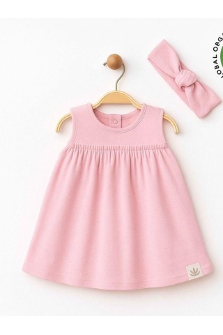 Zekids Kız Bebek Organik Pamuklu Bandanalı Kolsuz Elbise-15906 Pembe