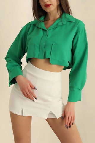 Defymoda Poplin Crop Gömlek Yeşil S3060 Yeşil