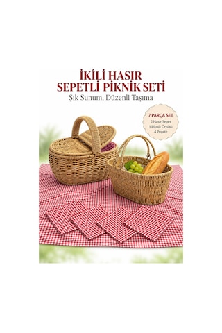 Piknik Seti 5 Parça + Oval Hasır Görünümlü 2 Adet Kapaklı Ve Kapaksız Sepet Krem