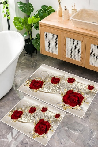 Dijital Baskı Gül Desen Kaymaz Taban 2li Set Banyo Paspası Klozet Takımı 50x60cm-60x100cm Krem
