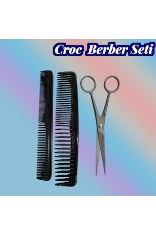 Croc Set01 3lü Berber Seti Makas + 2 Adet Tarak Siyah