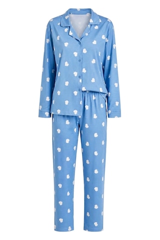 Feg Store Kadın Mavi Kalp Desenli Yumuşak Süet Dokulu Gömlek Yaka Premium Kışlık Pijama Takımı