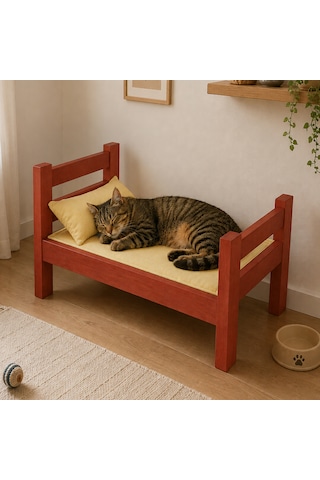 Ahşap Kedi Yatağı Karyola Kalın Pedli Kedi Evi Yatak 1200