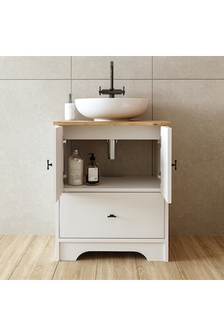 Ayaklı 2 Kapaklı Lavabolu Mdflam 60 Cm Banyo Dolap Atlantik Çam - Beyaz
