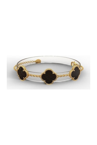 Roza Silver 925 Ayar Oniks Taşlı Gold Üçlü Yonca Gümüş Bileklik Rb10047
