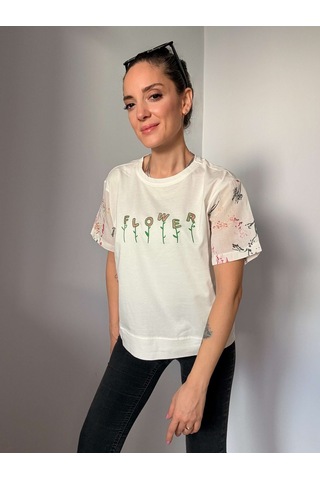 Ali Butik Ekru Flower Baskılı Tişört Ekru