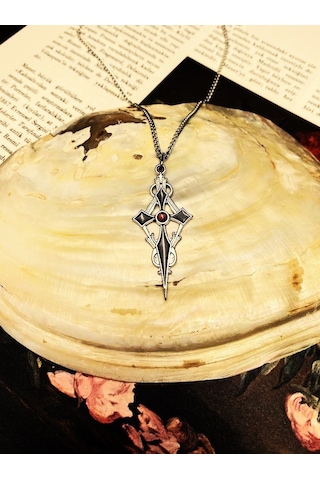 Gümüş Kaplama Siyah Ve Kırmızı Mineli Gotik Haç Kolye Çok REnkli