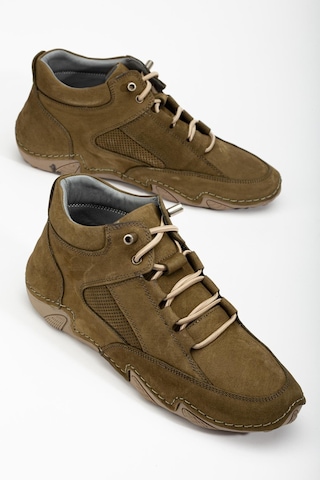 Hakiki Deri Nubuk Erkek Bot Haki Elastik Bağcıklı Saraçlı Taban-3486 Haki