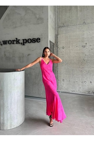 Simala Jakarlı Askılı Saten Elbise Asimetrik - Pembe Pembe