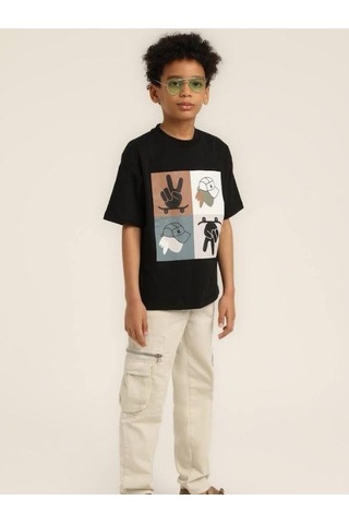 Escabel Erkek Çocuk Şapka Desenli Tasarım Pamuklu T-shirt-15627 SIYAH
