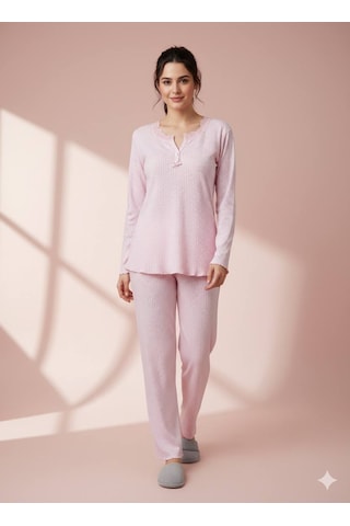 Dantel Yaka Detaylı Pamuklu Penye Kumaş Pijama Takımı Açık Pembe