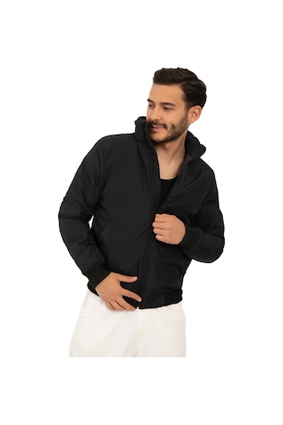 Riverstorm Erkek Siyah İçi Astarlı Dik Yaka Mevsimlik Cepli Su Ve Rüzgar Geçirmez Yağmurluk Siyah