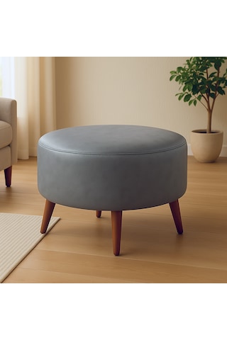 Large Büyük Yuvarlak Modern Puf - 60 Cm - Deri Kumaş - Gri