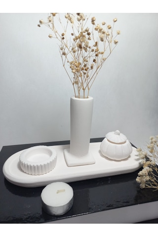 Tabaklı Sütun Vazolu, Minimal Mumluk Ve Balkabağı 4 Parça Set Beyaz Beyaz