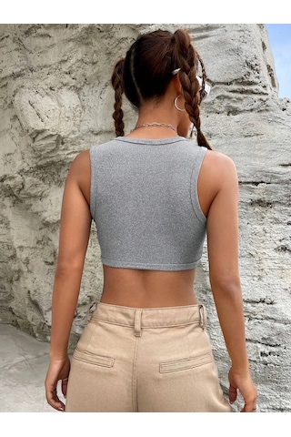 Liona Kadın Gri Melanj Bisiklet Yaka Crop Top Büstiyer Gri
