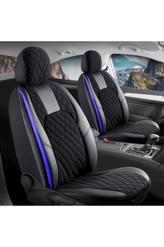 Fiat Egea Sedan Lüx Yarı Deri Oto Koltuk Kılıfı Ön Arka Takım Chester Siyah Mavi
