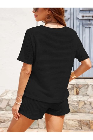 Munn Collection Kadın Kısa Kollu Bisiklet Yaka Alt Ve Üst Waffle Ikili Takım Siyah