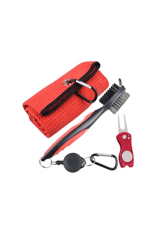 Yaozixa Sıcak Satış Golf Temizleme Seti Golf Havlusu 40 60cm + Golf Sopaları İçin Çift Taraflı Temizleme Fırçası Kırmızı Havlu