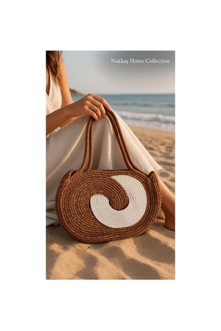 Nakkaş Home Collection Jüt Çanta Kadın Hasır Çanta, Plaj Çantası, Omuz Ve Günlük Kullanım Çantası-kahve/krem-40x28 Cm Kahve-beyaz
