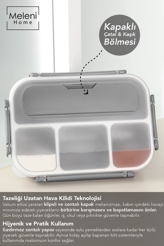 Sızdırmaz Contalı Yemek Kabı - 4 Bölmeli Çatal Kaşıklı Diyet Beslenme Kutusu Lunch Box Gri Gri