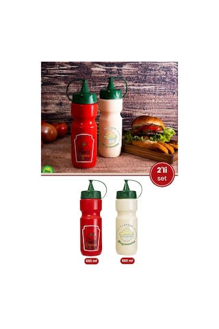 2 Li Sos Şişesi Seti 660 Ml, Kapaklı Plastik Ketçap Ve Mayonez Şişesi Şef Sosluk 2 Li Set Kırmızı - Beyaz