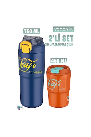 Vagonlife 2'li Çelik Termos-kahve Bardağı Seti 750ml Çift Kullanım Termos//450ml Mug Kahve Bardağı Lacivert - Turuncu