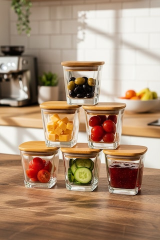 Elite - 6'lı Bambu Kapaklı Vakumlu Cam Kahvaltılık Çok Amaçlı Cam Çerezlik 300 Ml Şeffaf