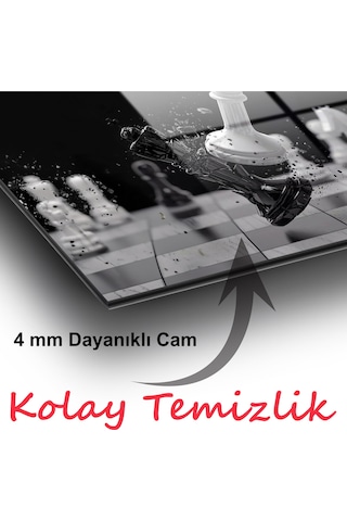 Satranç Şahların Savaşı Yatay Cam Tablo Evlika Ev Ofis Salon Duvar Dekoru Siyah Beyaz Hediyelik Büyük Tablo