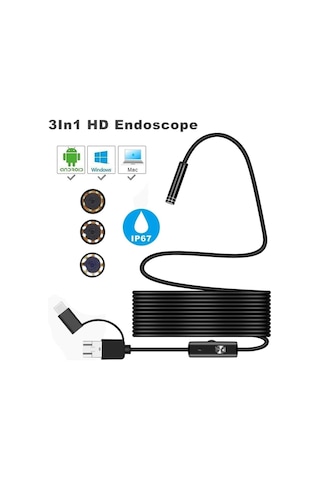 3'ü 1 Arada Endeskop Kamera Mikrofon Usb Ve Tip-c 6 Led Su Geçirmez 10 Metre Borescope Yılan Kamera Siyah 5 Metre