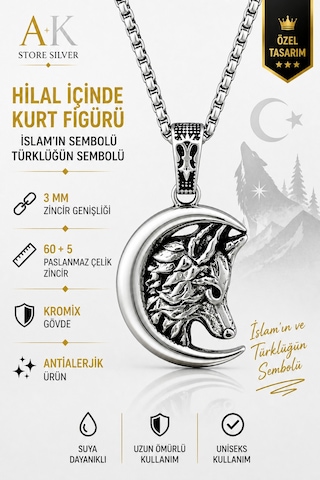 Erkek, Türklüğün Sembolü Hilal İçi Bozkurt Figürlü K-103 Paslanmaz Kromix Çelik Gümüş Kaplama Kolye Beyaz