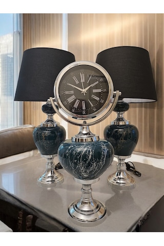 2'li Abajurlu Saatli Set Dekoratif Analog Saat - Yeşil Yeşil