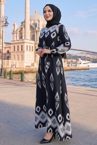 Bestenur Alera Desenli Viskon Elbise 1720 - Siyah